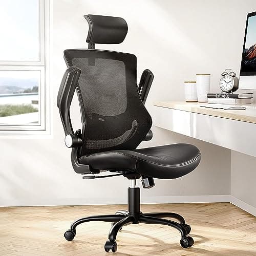 Marsail Office Chair Ergonomic Desk Chair, 360°Swivel Mesh Back Wide Computer Chair PU Leather Criss Cross Chair,Adjustable Lumbar Support & Flip-up Armrests,Adjustable Height Executive Task Chair