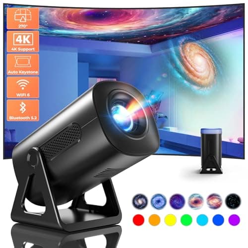 Mini Projector with WiFi and Bluetooth, 4K 1080P Support Portable Projector, 270°Adjustable Stand Outdoor Home Theater Star Projector with Ambient Night Light for Phone/TV Stick/Laptop/HDMI/USB