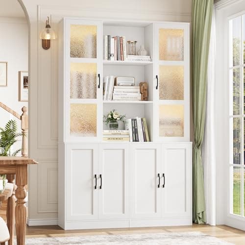 FINETONES 71"H White Bookcase with Doors, Double Wide Bookshelf and Bookcase with Doors, Large Bookshelves Storage Cabinet with 13 Compartments, Tall Storage Cabinet Display Organizer for Living Room