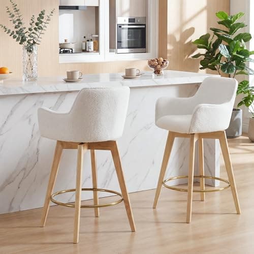 ONEVOG 26 Inch Boucle Counter Stools Set of 2, Modern Counter Height Swivel Bar Stools with Backs and Arms, Sherpa Fabric Upholstered Wooden Barstools Boho Kitchen Island Chairs, Cream White