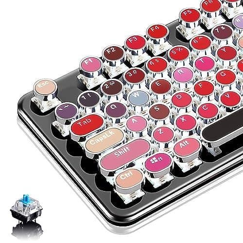 Basaltech Typewriter Style with White LED Backlight,Vintage Mechanical Gaming Keyboards with Lipstick Round Keycaps, Blue Switches 104-Keys Wired Keyboard Metal Panel for Laptop/pc