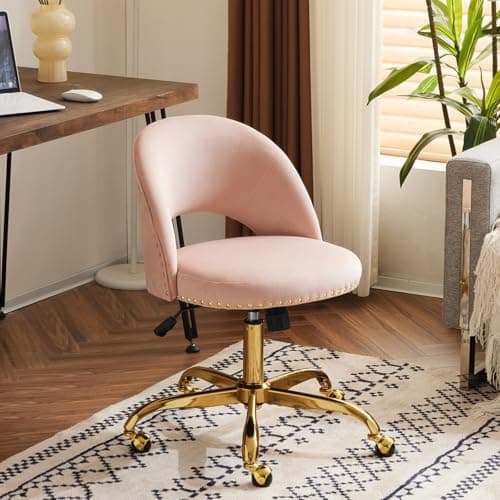 VINGLI Modern Velvet Small Office Chair,Cute Desk Chair with Wheels,Gold Base/Studs, Comfy Armless Swivel Vanity Task Chair for Women/Girl/Kids, Nail Tech Chair for Bedroom,Small Space,Pink