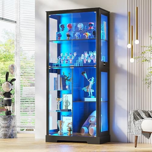 Lvifur 71” Display Cabinet with Glass Doors, Modern Curio Cabinet with 3 Color Lights, 7-Tiers Glass Display Cases for Collectibles, Tall Lego Storage Cabinet with Human Body Sensor (Black)