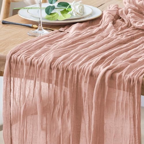 Xiomot Table Runner Cheesecloth 10FT Dusty Pink Boho Gauze Cheese Cloth Rustic Sheer Table Runners for Summer Wedding Bridal Baby Shower Party Decoration