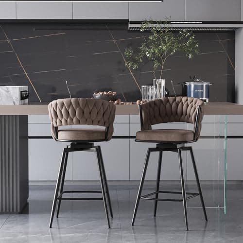 Hilknen Swivel Bar Stools Set of 2, Modern 360° Swivel Bar Stools, 25 inch Modern Bar Chairs with Woven Back & Footrest, Counter Height Bar Stools for Kitchen Island, Cafe, Bar, Wet Counter