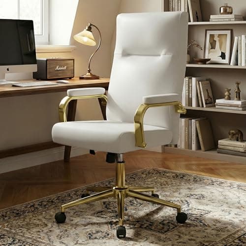Genpo White and Gold Office Desk Chair Memory Foam, High Back Leather Executive Office Chair with Wheels and Arms for Women Girls Teens Adults