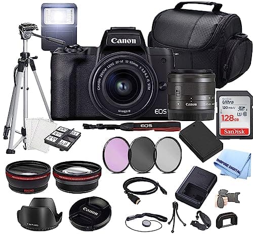 Canon EOS M50 Mark II Mirrorless Camera w/EF-M 15-45mm f/3.5-6.3 is STM Lens + 128GB Memory + Case + Filters + Tripod + More (35pc Bundle) (Renewed)