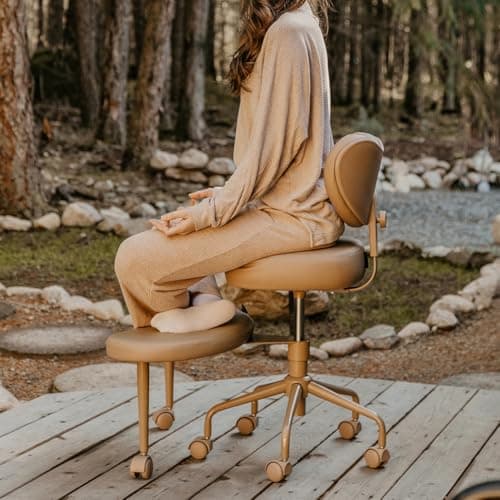 Pipersong Meditation Cross Legged Chair PRO, ADHD Chair with Height Adjustable Backrest, Criss Cross Desk Use with Footrest and Wheels for Home Office, Flexible Design for Fidgety Sitters, Tan
