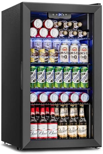Feelfunn Beverage Refrigerator and Cooler - 126 Can Mini Fridge Glass Door for Soda Beer Wine - Freestanding Beverage Fridge for Bedroom Office Bar, 4 Adjustable Shelves, 3.2 Cu.Ft, Black
