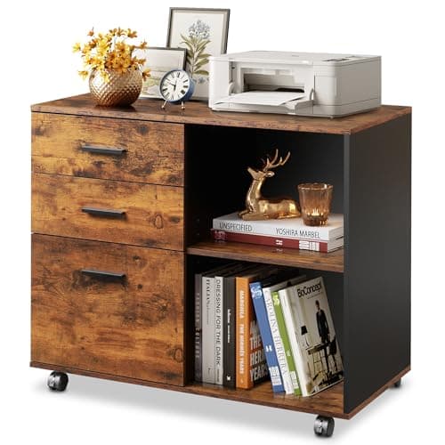 DEVAISE 3 Drawer Mobile File Cabinet, Wood Lateral Filing Cabinet, Printer Stand with Open Shelves for Home Office, Rustic Brown