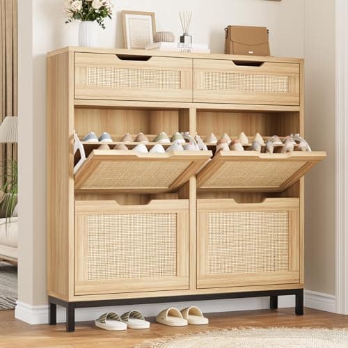 Shoe Cabinet Storage for Entryway Rattan Hidden Shoes Storage Cabinet Narrow Shoe Organizer with 4 Flip Drawers, Free Standing Wood Shoe for Foyer Hallway (Wood, 4 Flip Drawer)