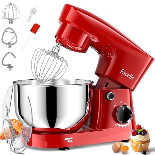 Facelle Stand Mixer, 10-Speed 6QT Kitchen Electric Mixer, Tilt-Head Food Mixer with Beater, Dough Hook, Wire Whip and Egg Separator, scraper for Most Home Cooks - Red