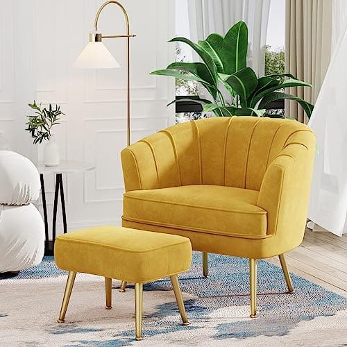 Andeworld Velvet Accent Chair with Ottoman, Upholstered Modern Single Sofa Side Chair,Comfy Barrel Club Living Room Armchair with Golden Metal Legs for Bedroom Living Reading Room Office, Yellow
