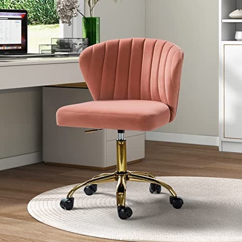 TINA'S HOME Office Desk Chairs with Wheels & Gold Base, Modern Velvet Cute Armless Office Chair, Adjustable Low Back Swivel Rolling Chair, Upholstered Task Chair for Living Room Vanity Study-Pink
