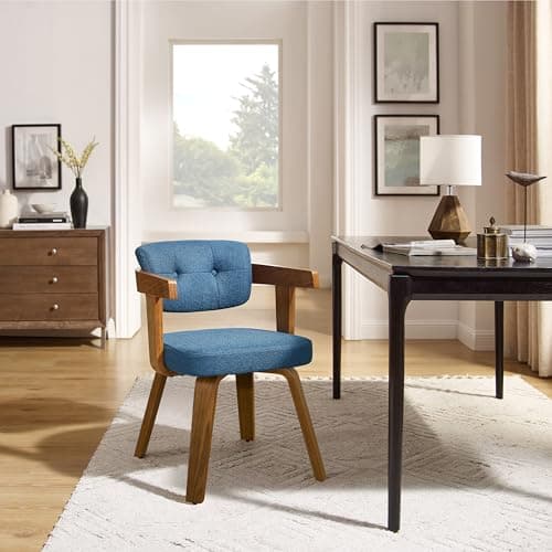 Art Leon Office Chair No Wheels - Mid Century Modern Desk Chair Fabric Upholstered Swivel Dining Chairs with Wood Legs for Small Spaces Home Office Living Room Bedroom Study, Blue/Walnut