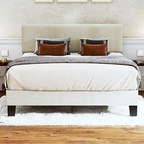 Fluest Queen Bed Frame with Adjustable Headboard Upholstered Bed Frame Platform Linen Fabric Headboard Wooden Slats Support/No Box Spring Needed/Easy Assembly/Mattress Foundation, Beige