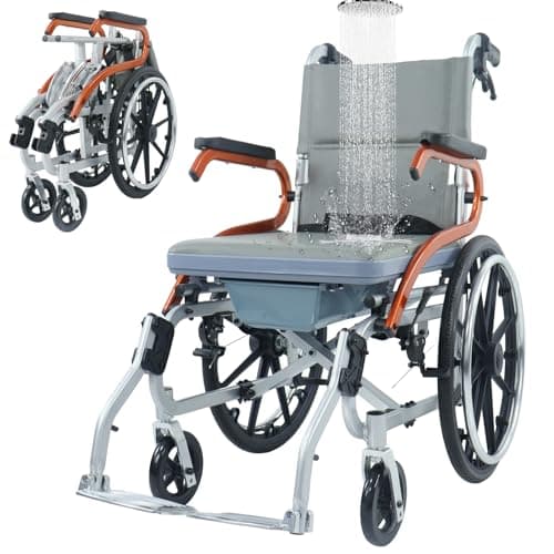 Folding Travel Shower Wheelchair | No Tools Required | 4-in-1 Bedside Commode Bathroom Chair | Flip Footrests | Perfect for Travel Use Black
