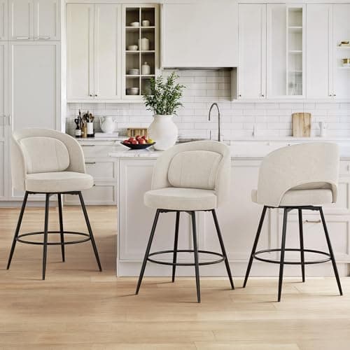 LUE BONA 26''H Swivel Bar Stools Set of 3, Counter Height Bar Stools with Backs, Lumbar Pillow and Black Metal Frames, Upholstered Morden Barstools for Kitchen Island, Linen Farbic, Linen Color