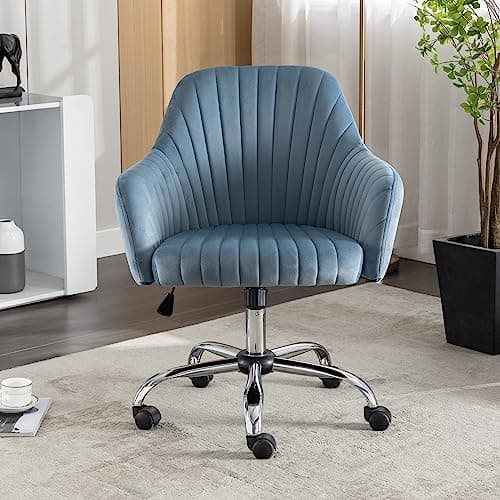Home Office Desk Chair, Vanity Chair, Modern Velvet Adjustable Low Back Rolling Chair, Twill Upholstered Cute Office Chair, Desk Chairs with Wheels for Bedroom,Vanity Room,Classroom (Light Blue)