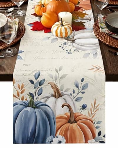 Fall Table Runner Blue Pumpkin Table Runners for Dining Room Flower Leaves Vintage Dinner Runner Thanksgiving Kitchen Decor 13" x 72"