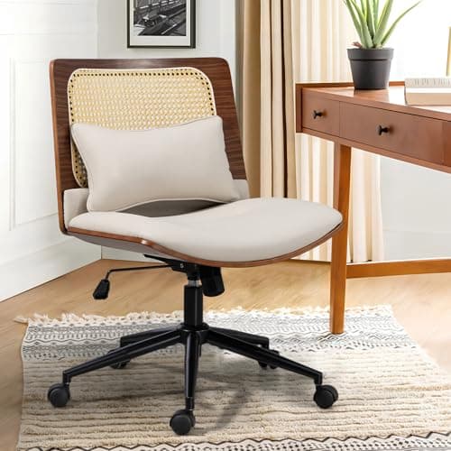 LONWIK Armless Rattan Office Desk Chair with Wheels, PU Leather Modern Walnut Adjustable Wide Swivel Task Chair, Ergonomic Cross Legged Chair for Meeting Room, Home Office (Beige)