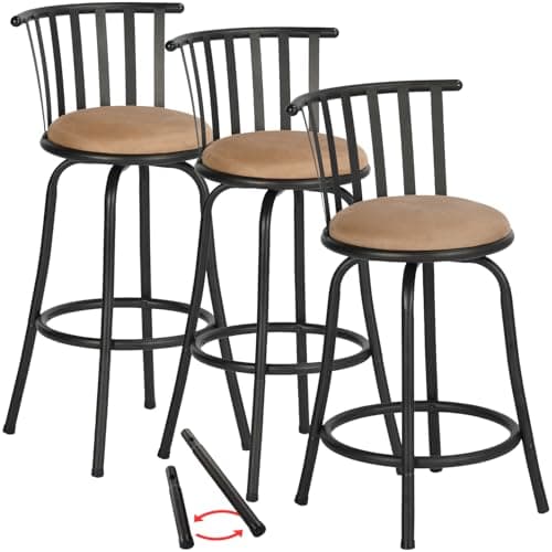 Bar Stools Swivel Set of 3, Barstools Adjustable Counter Height Low Back with Comfortable Footrest, Armless Bar Chairs for Kitchen Island Bar Height with Interchangeable Legs, 24/29 Inch, Brown