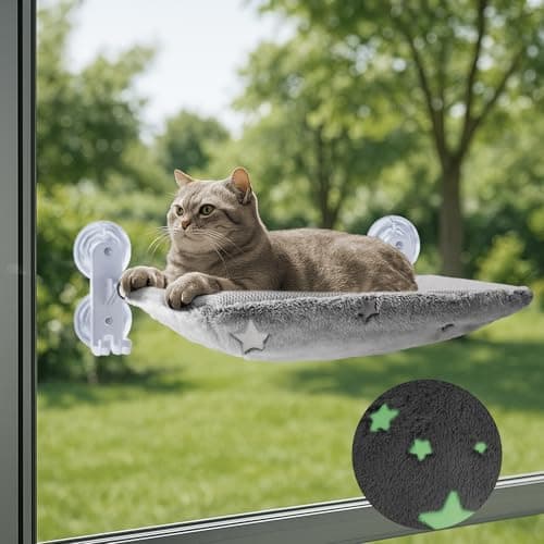 Cordless Cat Window Perch for Large Cats, Glow in The Dark Cat Window Hammock with Hook Design, Easy to Assemble, Foldable Window Seat for Cats Inside, Gray L