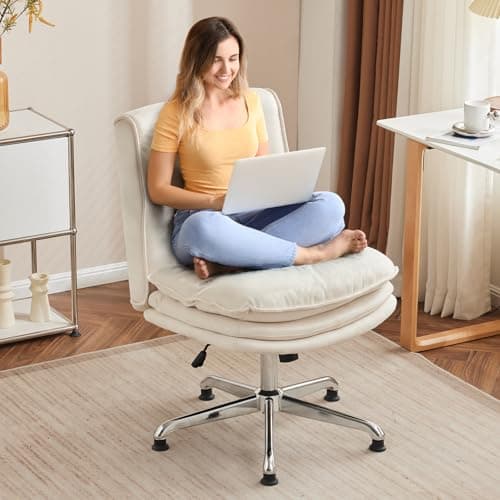 VINGLI Cloud Criss Cross Legged Chair,18" High Back Armless Home Office Desk Chair no Wheel,Wide Adjustable Comfy Padded Seat Task Computer Chair,Modern Swivel Makeup Vanity Chair,Microfiber,Beige