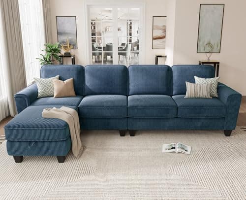 KKL Sectional Sofa Couch for Living Room, 106 Inches L Shaped Couch with Storage, 5 Seater Corduroy Home Sofas, Modern Couches with Chaise for Apartment, Sofas para Sala, Blue