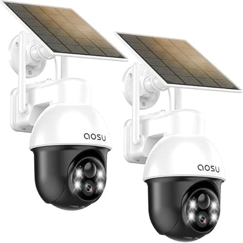 aosu Solar Camera Security Outdoor - Security Cameras Wireless Outdoor with 360° Panoramic View, Human Auto Tracking, 2K Night Vision, Compatible with Alexa/Google Assistant (2 Pack)