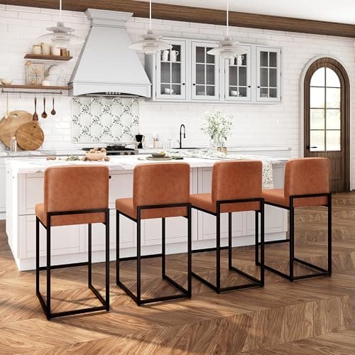 ALPHA HOME 24 Inch Bar Stools Set of 4, Kitchen Counter Stools with Backs, PU Leather Barstools, Kitchen Stools with Back&Upholstered Footrest, Sturdy Chromed Metal Steel Frame, Brown