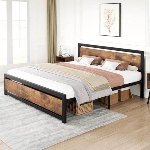 coucheta Full Size Bed Frame with Headboard, Industrial Platform Full Size Bed Frame Easy Assemble, No Box Spring Needed Full Bedframe Mattress Foundation Retro Brown, Full
