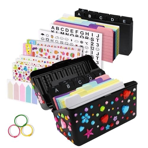 JEHAPPYTRY 3x5 Index Card Holder Set - Exquisite Recipe Box with Index Card Dividers Inclu Assorted DIY Stickers, 150 Colored Index Cards, Labels, Snap Rings, A-Z Dividers and Index Card Box, Black