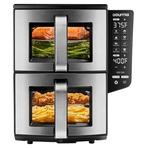 Gourmias GAF1190 Dual Basket 11-Quart Air Fryer with Smart Finish Technology, 4-Layer Cooking, Sync Finish & Sync Cook Functions, Touchscreen LED Display, FryForce 360° Even Heat, Dishwasher Safe Part