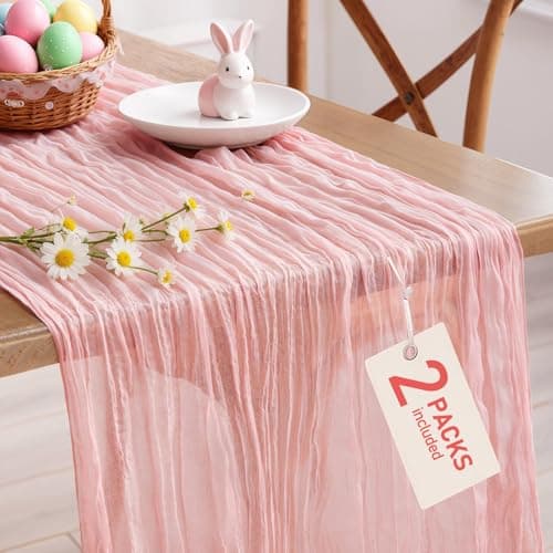 Pureegg 2-Pack Cheesecloth Table Runner, 120'' Easter Spring Boho Gauze Table Cloth Decorations for Party, Baby Shower, Wedding and Farmhouse, Fabric Room Decor, Dusty Pink