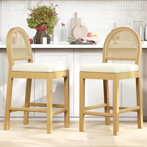 STHOUYN Upholstered Rattan Bar Stools Set of 2, Wooden Counter Height Stools with Natural Rattan Woven Back and Chenille Seat, Mid-Century Modern Island Chairs Barstool for Kitchen