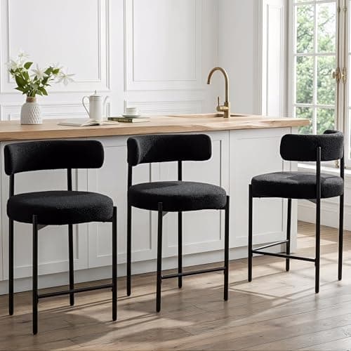 Forsalund Counter Height Bar Stools, 24'' Black Bar Stools Set of 3, Boucle Barstools with Back, Mid-Century Modern Bar Chairs for Kitchen Island, Dining Room