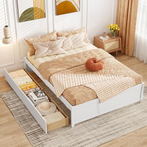 Giantex Full Size Bed Frame with 2 Storage Drawers, Solid Wood Platform Bed with Slats Support, Heavy Duty Daybed with Storage, No Box Spring Needed, Full Bed Frames for Teens Adults, White