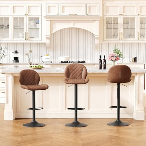 FIRAVOE Bar Stools Set of 3, Brown Swivel Bar Stools with Back, Adjustable Bar Stool 24"-33", Faux Leather Upholstered Bar Stool, Counter Height Barstools for Kitchen Island (Brown, 3PCS)