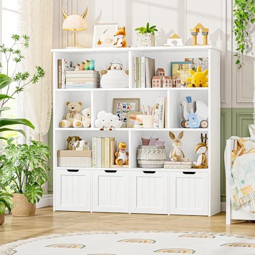 FINETONES Toy Storage Organizer, Kids Bookshelf with 4 Movable Chests and 7 Storage Cubes, Toy Chest Storage with Hidden Wheels, Toy Organizers and Toy Storage, White