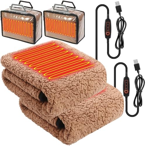 Tuanse 2 Pcs USB Heated Blanket 25"x 35" Heated Car Blanket 5V Portable USB Electric Throw 3 Heat Setting Electric Throw with Timer Temperature Controller for Car Winter Home Office(Khaki,Lambswool)