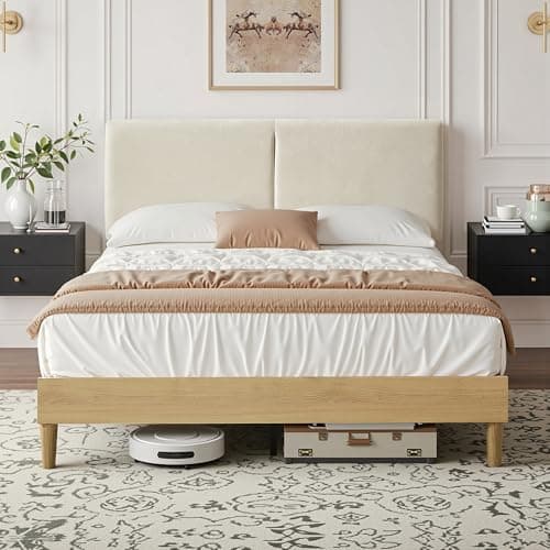 VECELO Full Bed Frame Upholstered Platform Beds with Height-Adjustable Cotton and Linen Headboard, Heavy Duty Wood Slats, 6" Under-Bed Space, Noise-Free, No Box Spring Needed, Easy Assembly