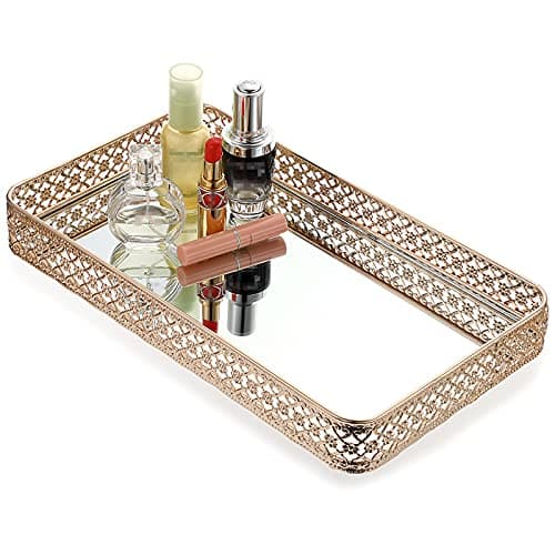 ELLDOO Gold Perfume & Makeup Vanity Tray - Hollow-Carved Jewelry Storage, Glass & Metal Trinket Organizer for Dresser & Bathroom Countertop, Large Size