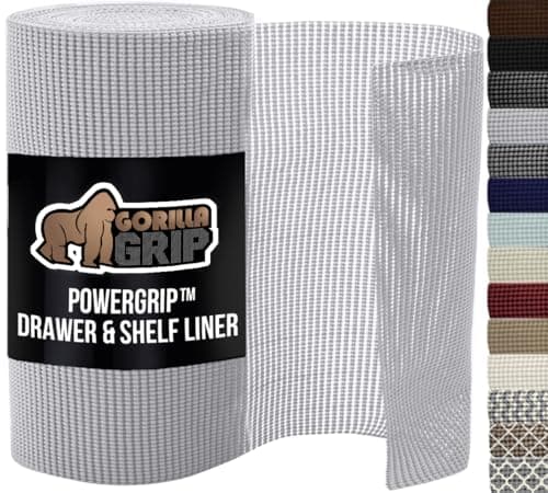 GORILLA GRIP powerGRIP Drawer Shelf and Cabinet Liner, Thick Strong Hold, Non-Adhesive Liners Protect Kitchen Cabinets and Cupboard, Bathroom Drawers, Easy Install, Breathable Mat, 17.5" x10', Lt Gray