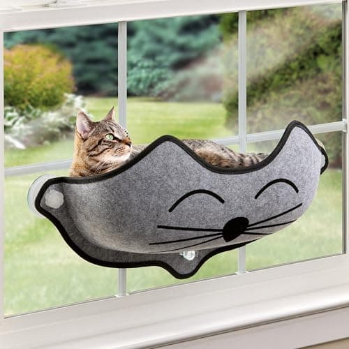 K&H Pet Products EZ Mount Kitty Face Cat Window Perch Bed, Sturdy Cat Window Hammock with Strong Suction Cups, Washable Sleeping Pad, Fits 30" W X 15" H Glass Spaces - Gray Kitty Face Design