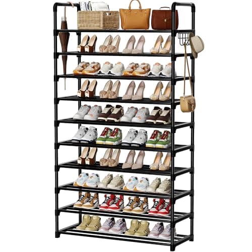 SRRSO Shoe Rack, 10 Tier Shoe Storage Organizer with Hooks,Fit 40-45 Pairs Shoes,Metal Tall Shoe Shelf for Closet,Entryway, Hallway,Garage,Bedroom,Cloakroom