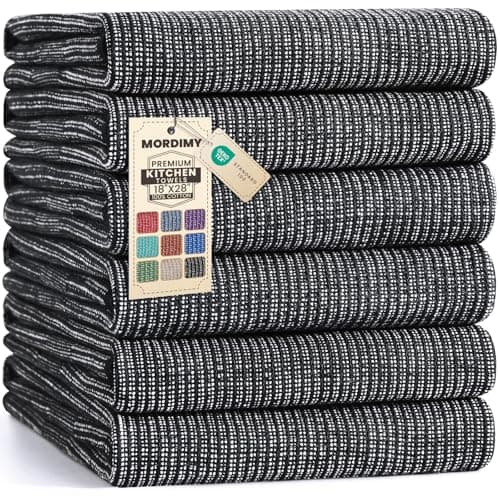Mordimy Premium Kitchen Towels 6 Pack (18 x 28 Inches, Black), Large Cotton Kitchen Hand Towel, Flat & Terry Dish Towels for Drying Dishes, Super Absorbent Tea Dishtowels Set with Hanging Loop