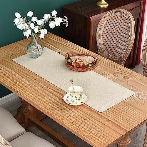 NEWISHER Farmhouse Rustic Table Runner Solid Beige Rectangular Table Runners Faux Linen Table Runner for Everyday Use Kitchen Dining Party Table 13x36 Inch