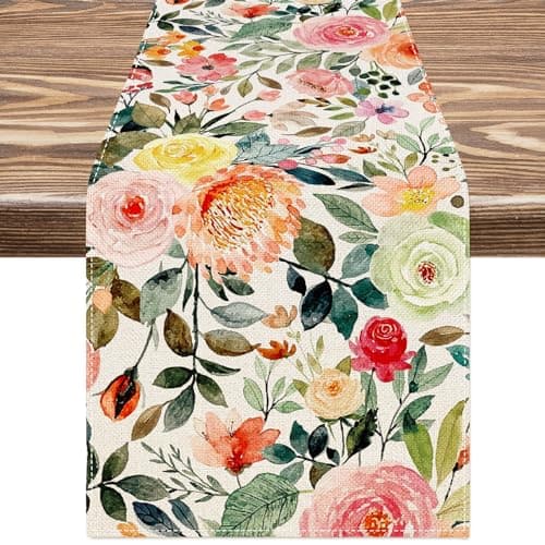 Floral Table Runner Watercolor Rose Flower Kitchen Dining Tabletop Decor Vintage Spring Table Cover for Wedding Bridal Shower Indoor Outdoor, 13 x 72 Inch