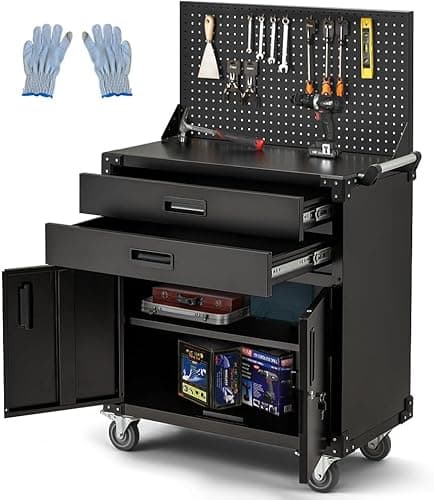 JFHID 52'' Work Bench for Garage with Pegboard Drawers and Cabinets Heavy Duty Metal Frame Tool Bench for Shop Kitchen Cabinets Organizer Work Table with Wheels (Black)